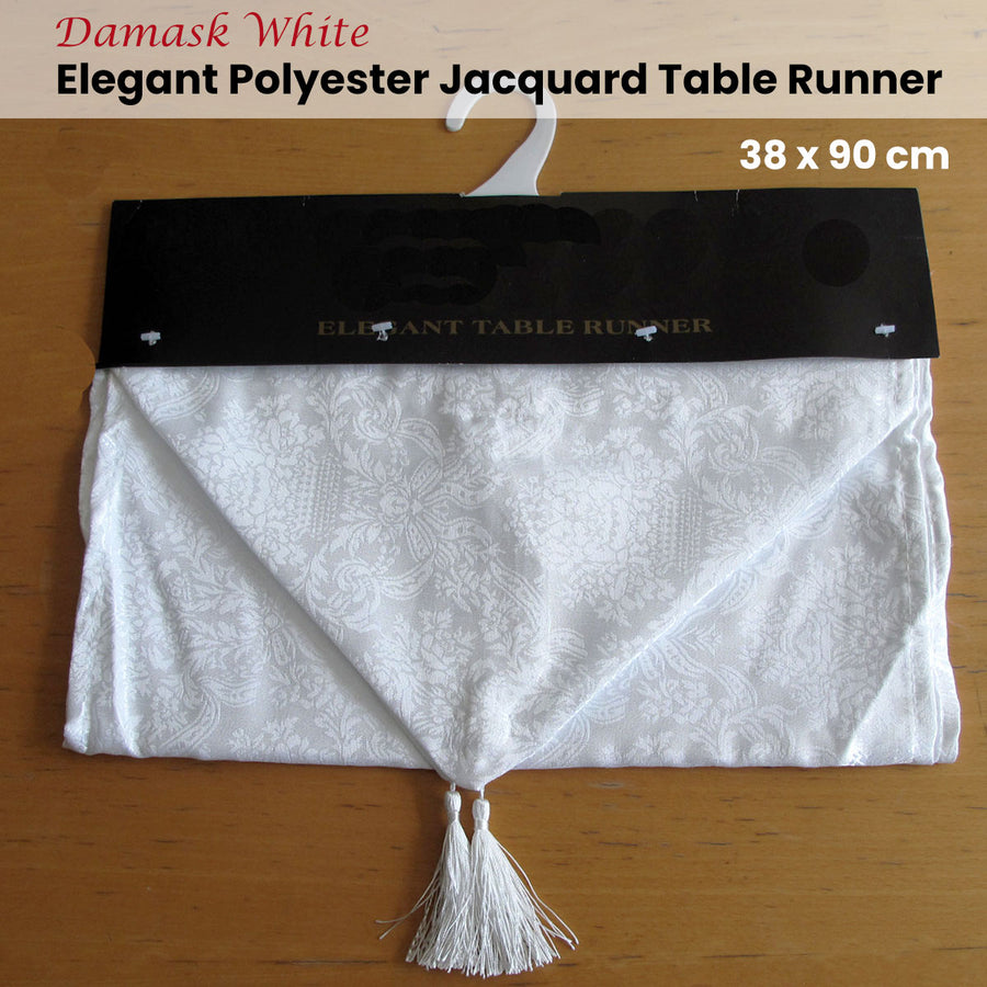 Damask White Elegant Polyester Jacquard Table Runner 38 x 90 cm - Machine Washable - SuperSaverAU - view 1