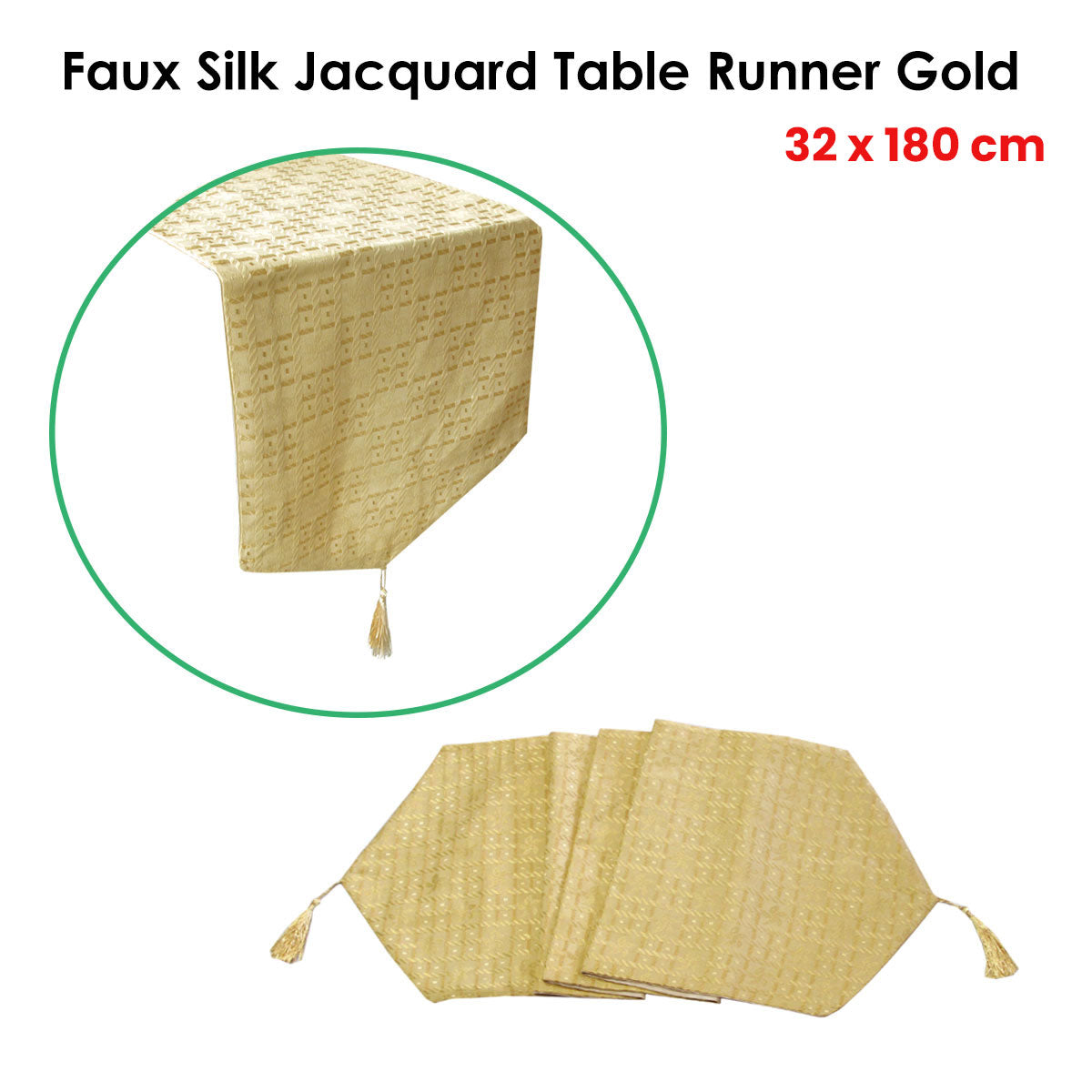 Faux Silk Jacquard Table Runner Gold 32 x 180 cm - Geometric Design, Polyester - SuperSaverAU - view 2