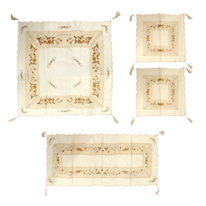 Set of 4 Embroidered Daisy Table Decorative Set - 84x84 cm Topper, 42x110 cm Runner, 40x40 cm Napkins