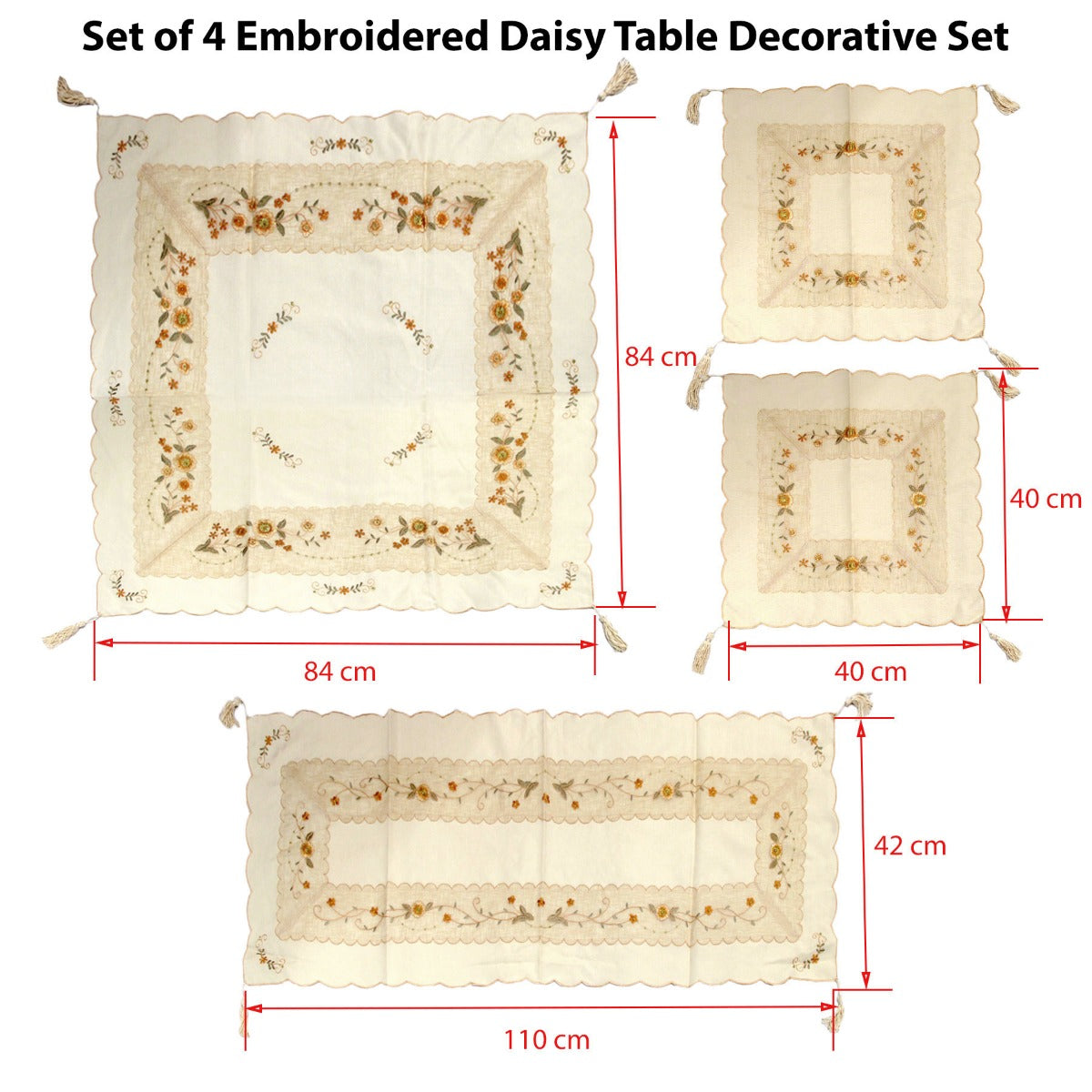 Set of 4 Embroidered Daisy Table Decorative Set - 84x84 cm Topper, 42x110 cm Runner, 40x40 cm Napkins