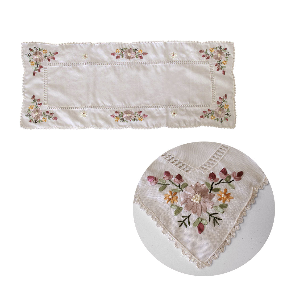 Victoriana Cream Applique Embroidered Table Runner 40 x 90 cm - Floral Design