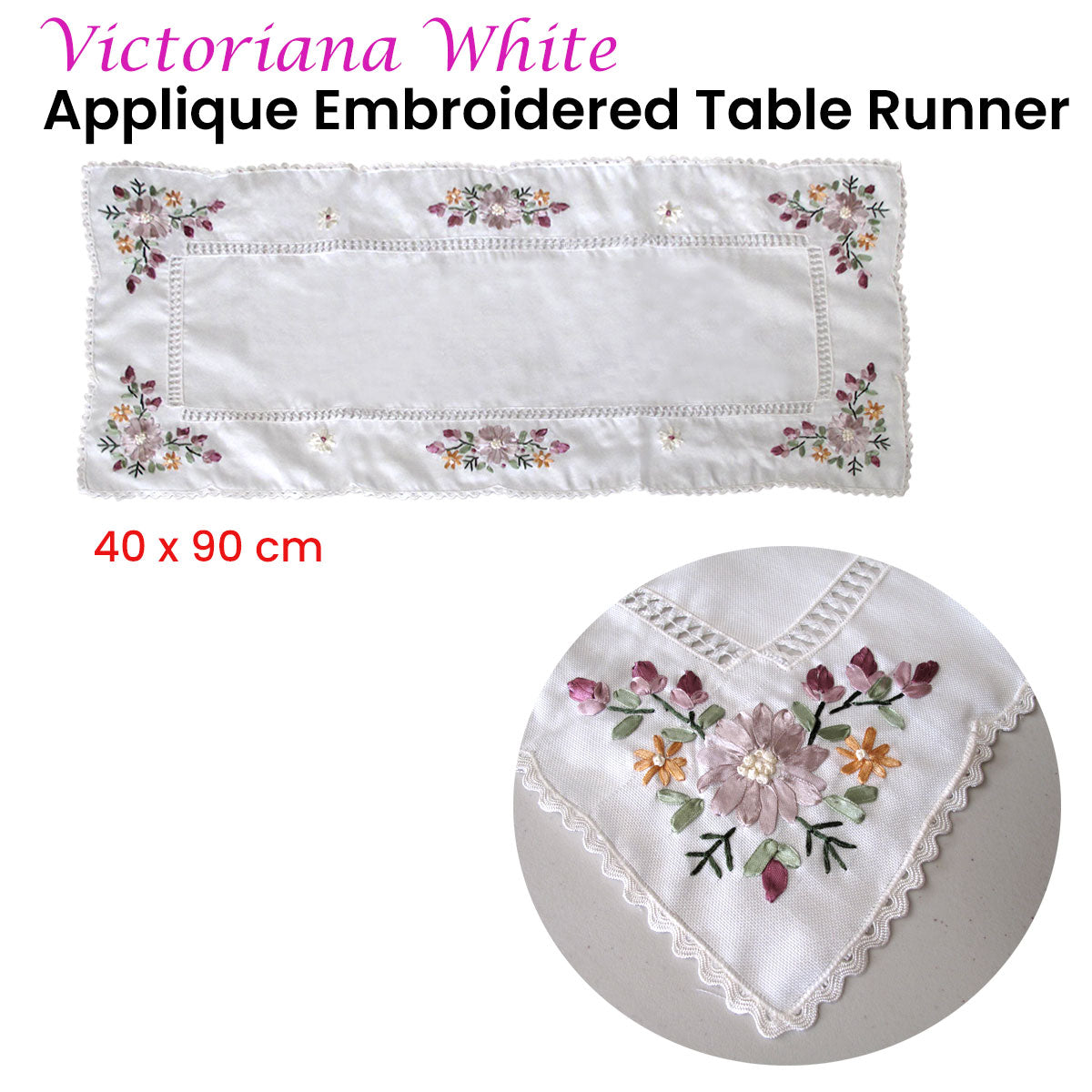 Victoriana White Applique Embroidered Table Runner 40 x 90 cm - Floral Design