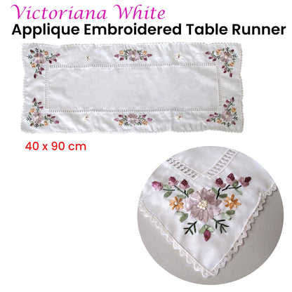 Victoriana White Applique Embroidered Table Runner 40 x 90 cm - Floral Design