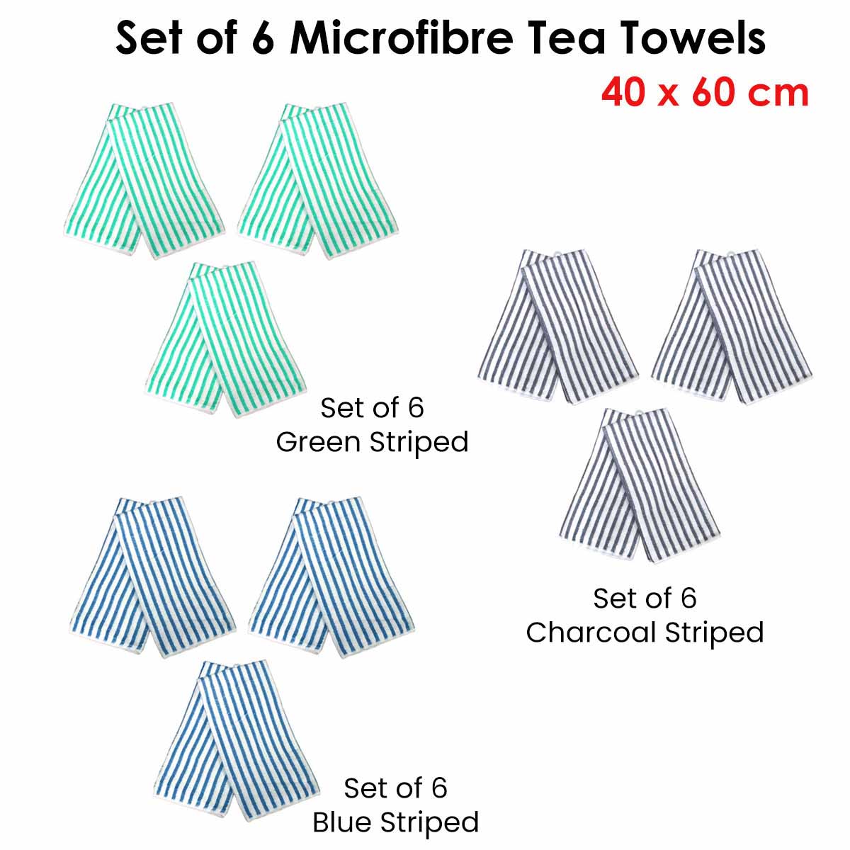 Charcoal Microfibre Striped Tea Towels Set of 6 - 40 x 60 cm, Super Absorbent