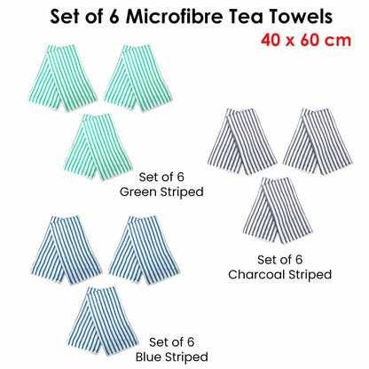 Charcoal Microfibre Striped Tea Towels Set of 6 - 40 x 60 cm, Super Absorbent