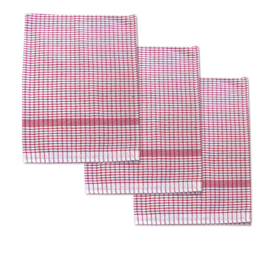Set of 3 Jumbo Cotton Checkered Tea Towels 60 x 90 cm - Vintage Red Design