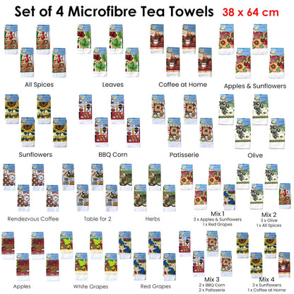 Microfibre Printed Tea Towels Set of 4 - 38 x 64 cm, BBQ Corn Design