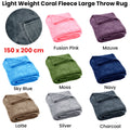 Light Weight Coral Fleece Throw Rug 150x200 cm - Solid Colour, Machine Washable - SuperSaverAU - view 2