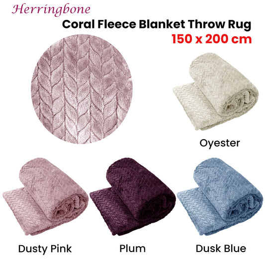 Herringbone Coral Fleece Blanket Throw Rug 150x200 cm Dusty Pink, 330GSM