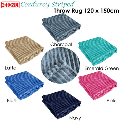 240GSM Charcoal Corduroy Striped Throw Rug 120 x 150 cm - Ultra Soft