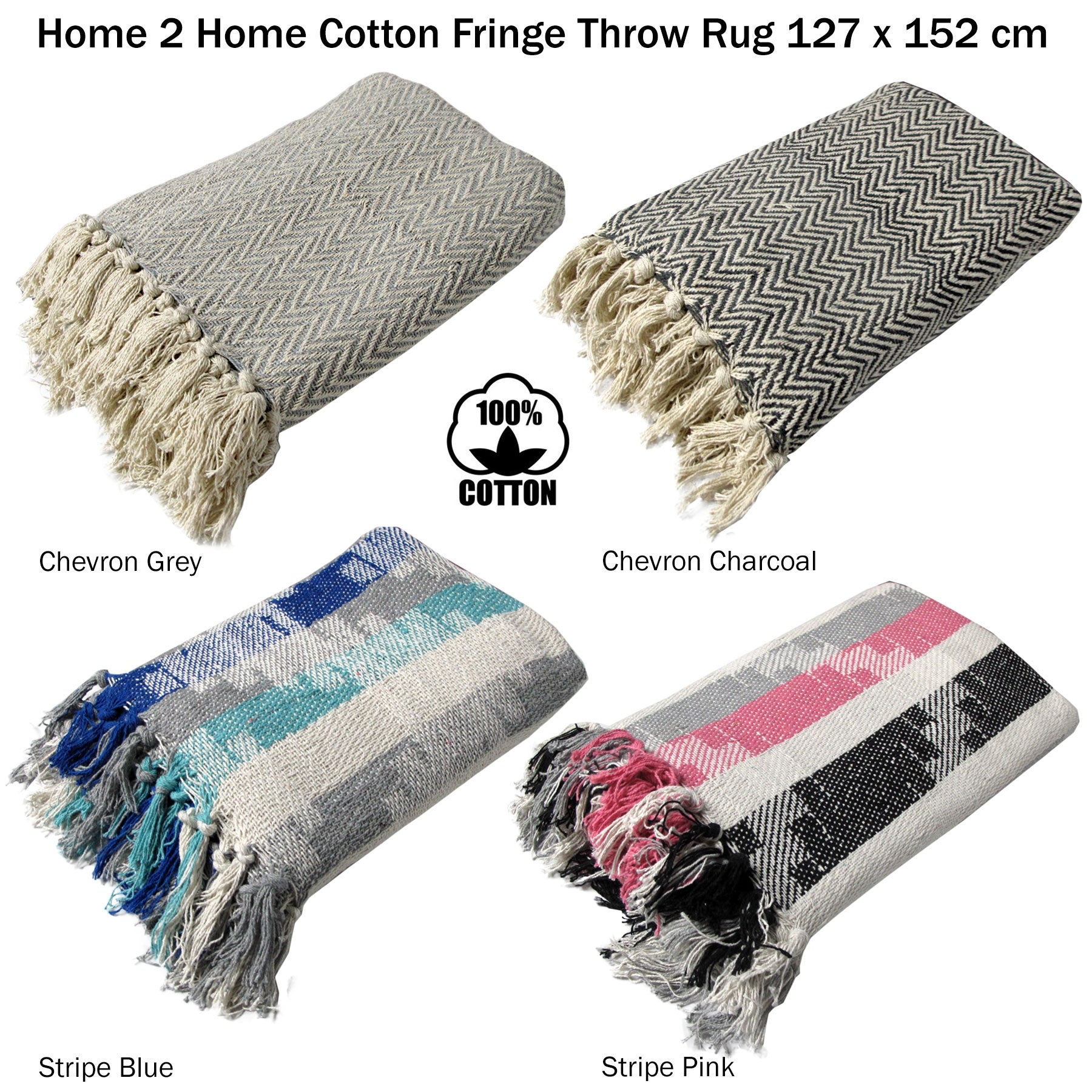 Home 2 Home Cotton Fringe Throw Rug 127 x 152 cm - Chevron Grey, Knitted Design - SuperSaverAU - view 2