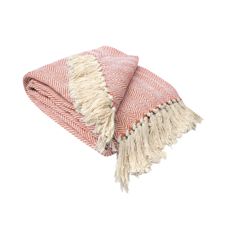 Herringbone Extra Large Throw Rug 160 x 210 cm - 100% Cotton, Tassels, Orange - SuperSaverAU - view 1