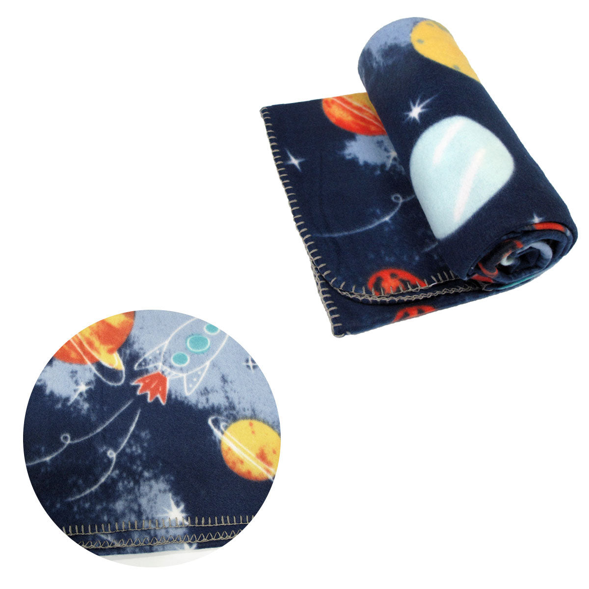 Funky Cute Polar Fleece Throw Rug 120x150 cm - Navy Planet Space Design
