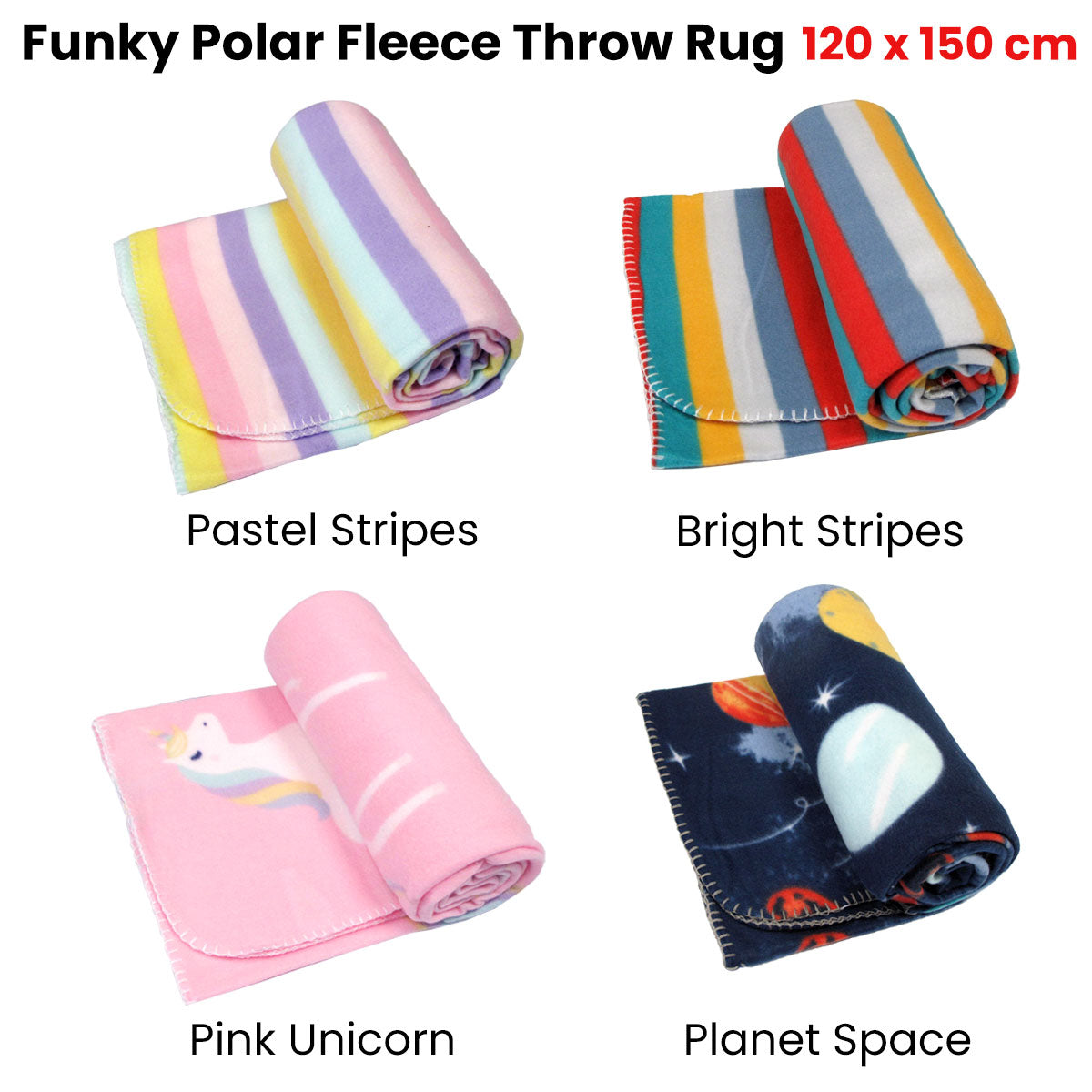 Funky Cute Polar Fleece Throw Rug 120x150 cm - Bright Stripes Design - SuperSaverAU - view 2