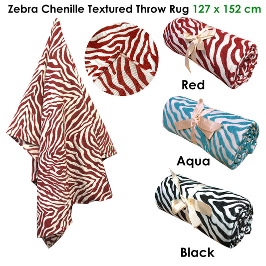 Zebra Chenille Textured Throw Rug 127 x 152 cm - Aqua, Machine Washable