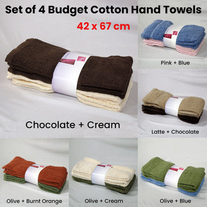 Budget Cotton Hand Towels Set of 4 - 42 x 67 cm - Solid Colour Design - Chocolate Latte