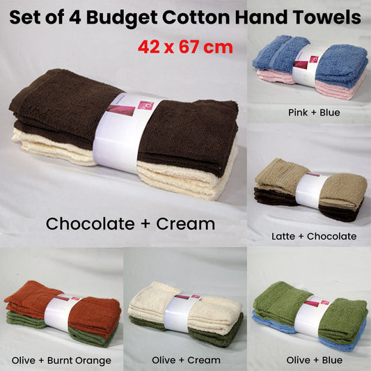 Budget Cotton Hand Towels Set of 4 - 42 x 67 cm, Solid Colour, Machine Washable