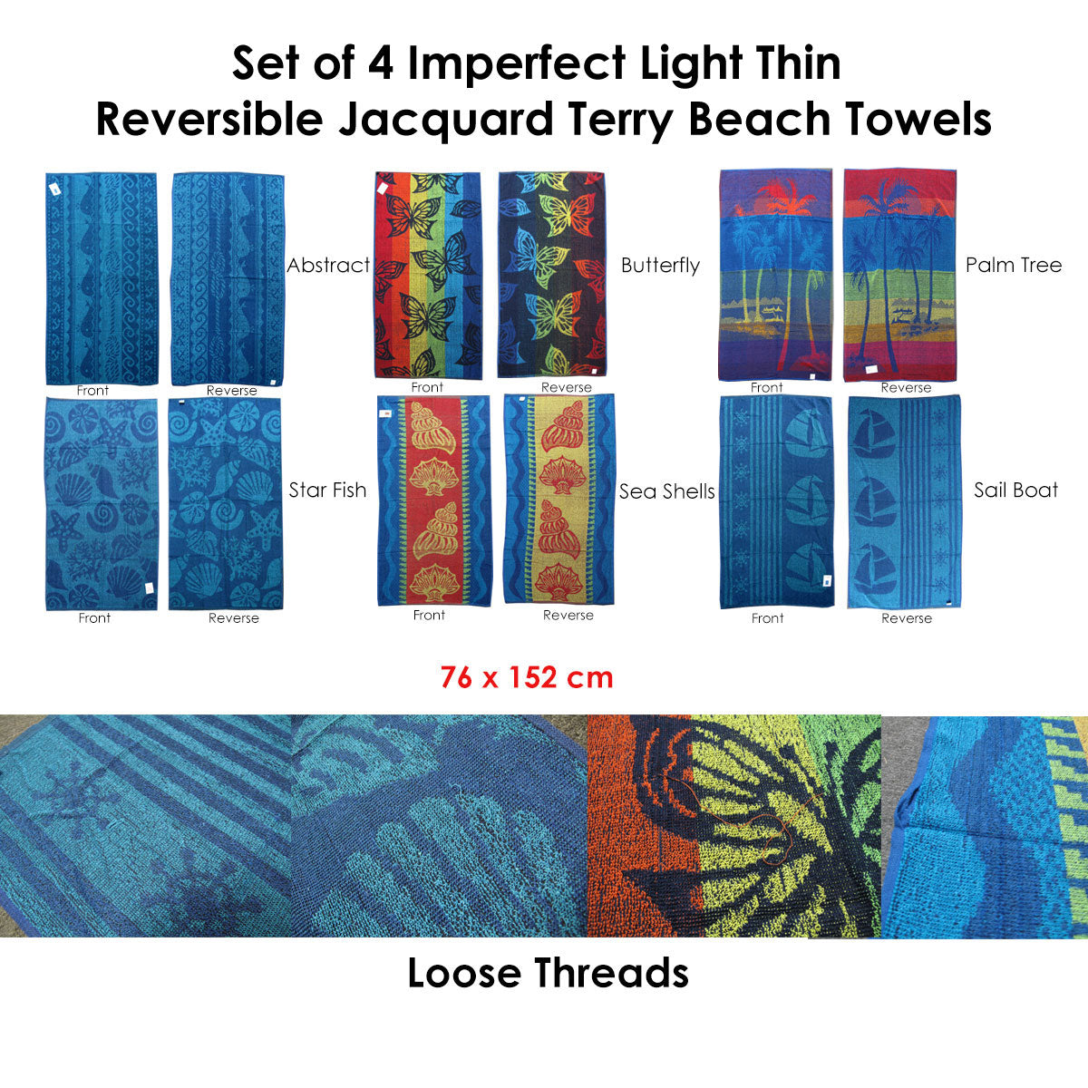 Imperfect Set of 4 Light Thin Reversible Jacquard Beach Towels 76x152cm