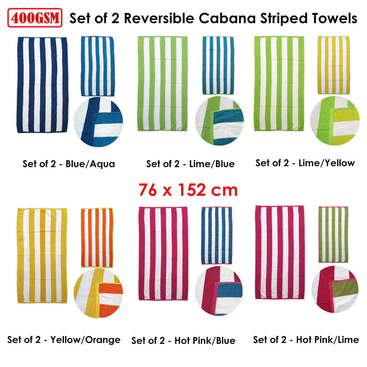 Hot Pink/Lime Set of 2 Reversible Cabana Striped Towels 76 x 152 cm - SuperSaverAU - view 2