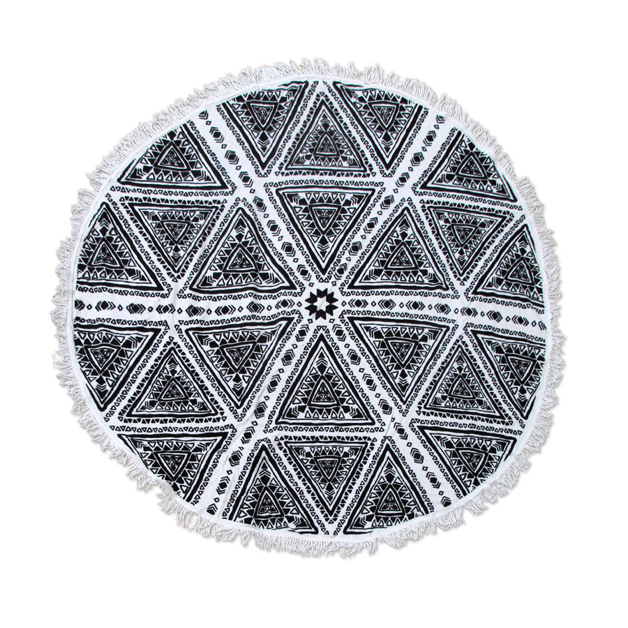 Zulu Triangle 150cm Round Beach Towel, 100% Cotton, Geometric Design, Fringe - SuperSaverAU - view 1