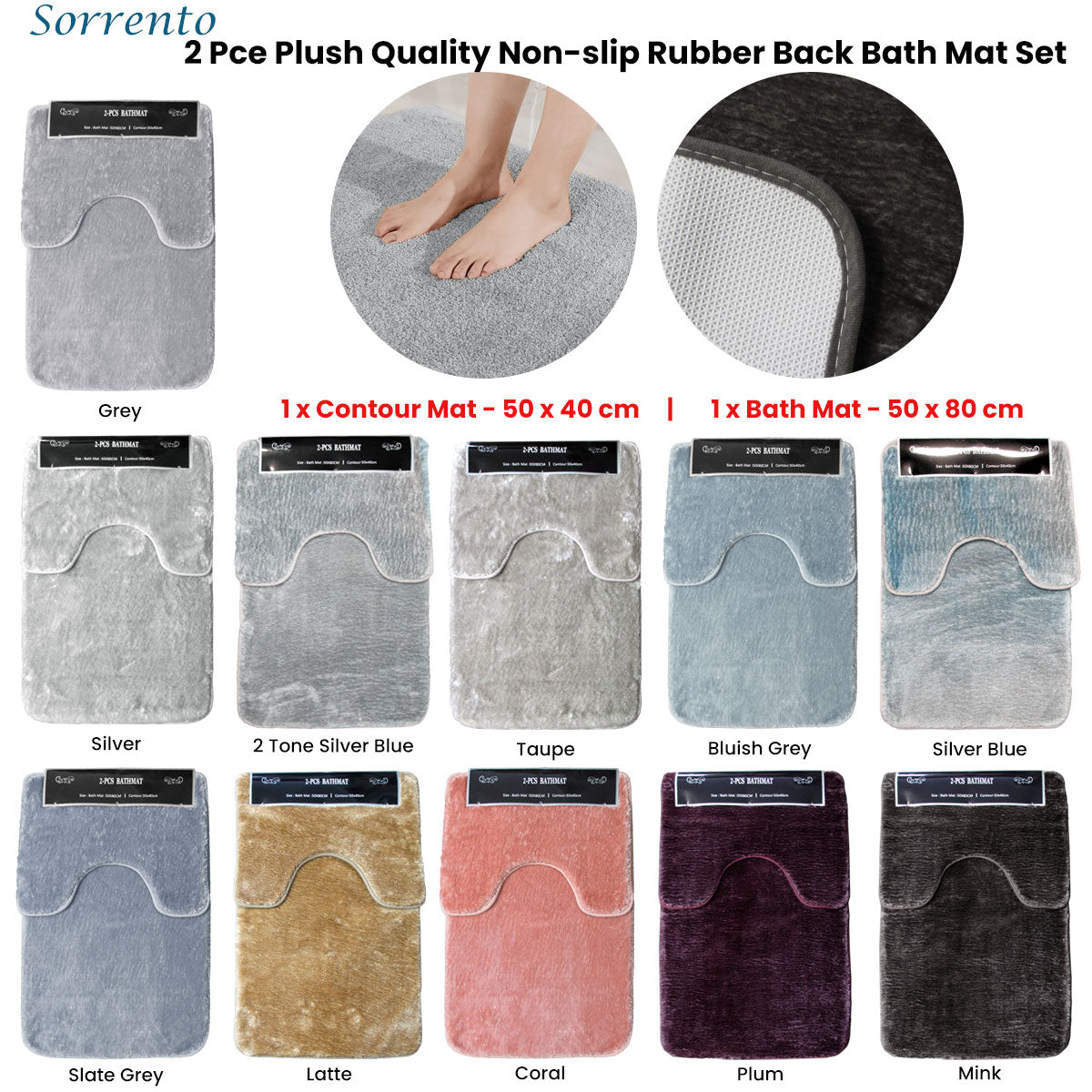 Sorrento 2 Pce Plush Non-slip Rubber Back Bath Mat Set 50x40cm & 50x80cm Mink - SuperSaverAU - view 1