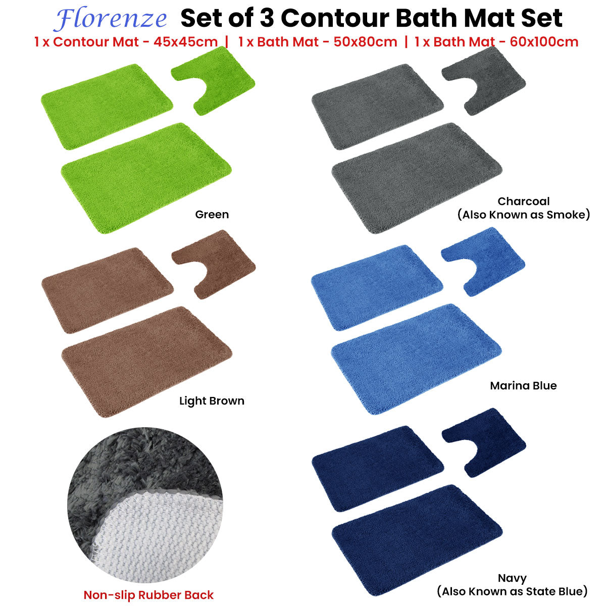Florenz Set of 3 Contour Bath Mat Set Navy - Shaggy Design, Soft & Absorbent - SuperSaverAU - view 2