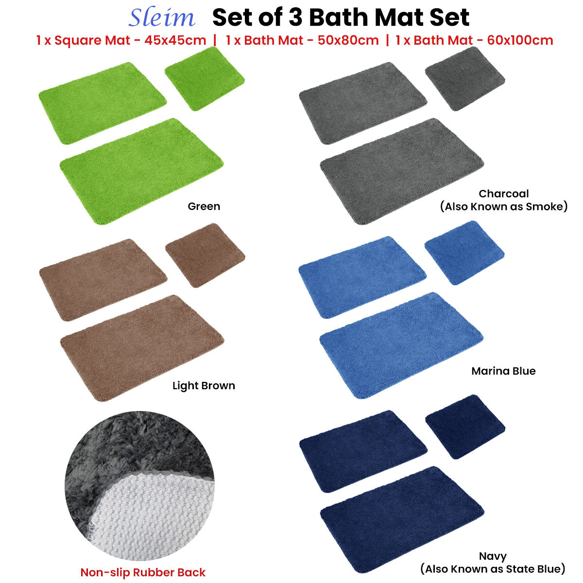 Sleim Set of 3 Bath Mats - Shaggy Design, Navy, 45x45cm, 50x80cm, 60x100cm - SuperSaverAU - view 2