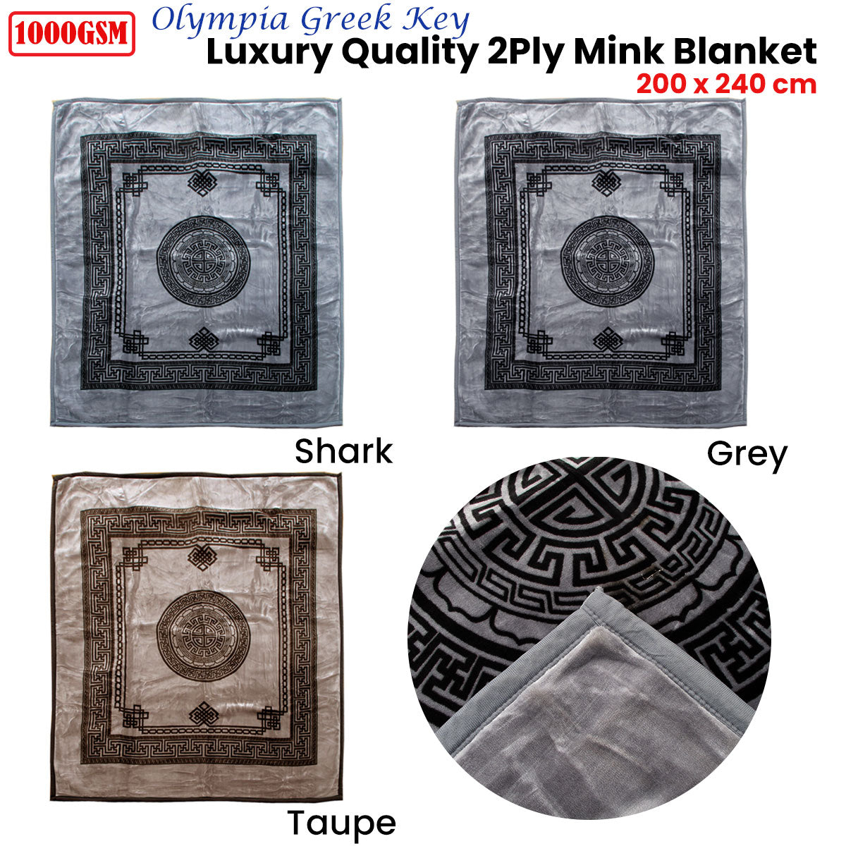 Olympia 1000GSM Greek Key Luxury 2 Ply Mink Blanket 200 x 240 cm - Grey - SuperSaverAU - view 1