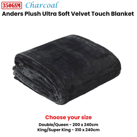 In 2 Linen Plush Velvet Touch Blanket – Charcoal King/Super King, 350GSM