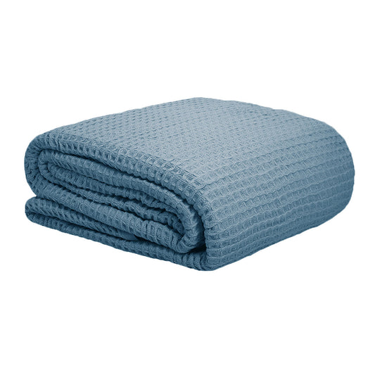 Cotton Waffle Blanket Dusk Blue 300GSM Single - Soft Touch, Machine Washable