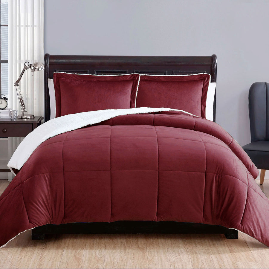 3 Piece Ultra-soft Micro Mink Comforter Set Queen with Sherpa Reverse - Burgundy - SuperSaverAU - view 1