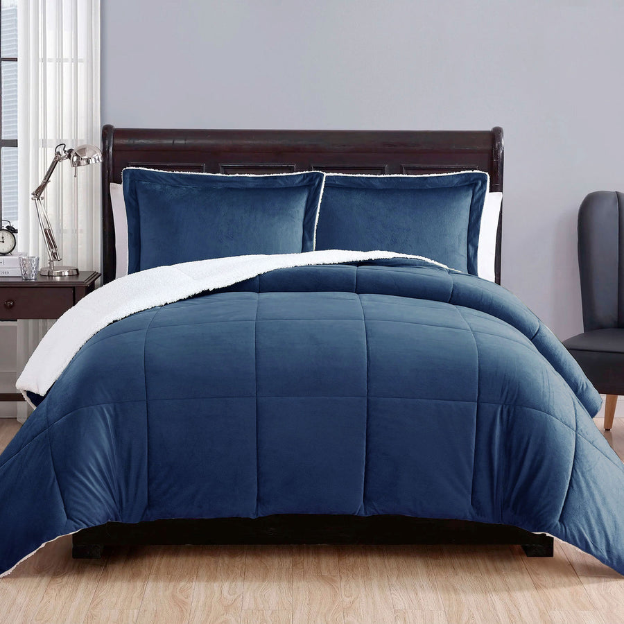 3 Piece Ultra-soft Micro Mink Comforter Set Queen with Sherpa Reverse - Navy Blue - SuperSaverAU - view 1
