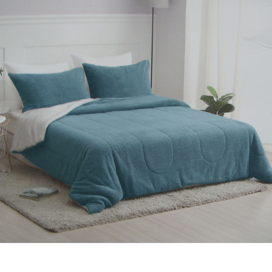 Premium Nolan Fleecy Comforter Set with Sherpa Reverse - Steel Blue, Queen