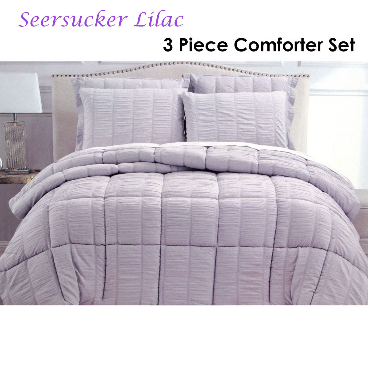 Hotel Living 3 Piece Seersucker Comforter Set King Lilac - Quilted Microfiber - SuperSaverAU - view 1