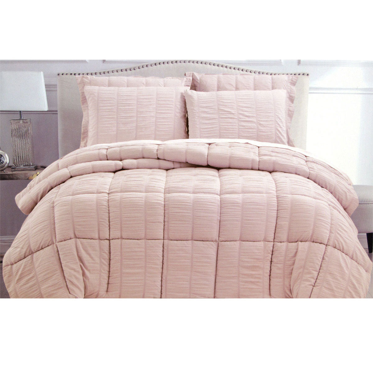 Hotel Living 3 Piece Seersucker Comforter Set King Light Pink, Quilted Design - SuperSaverAU - view 1