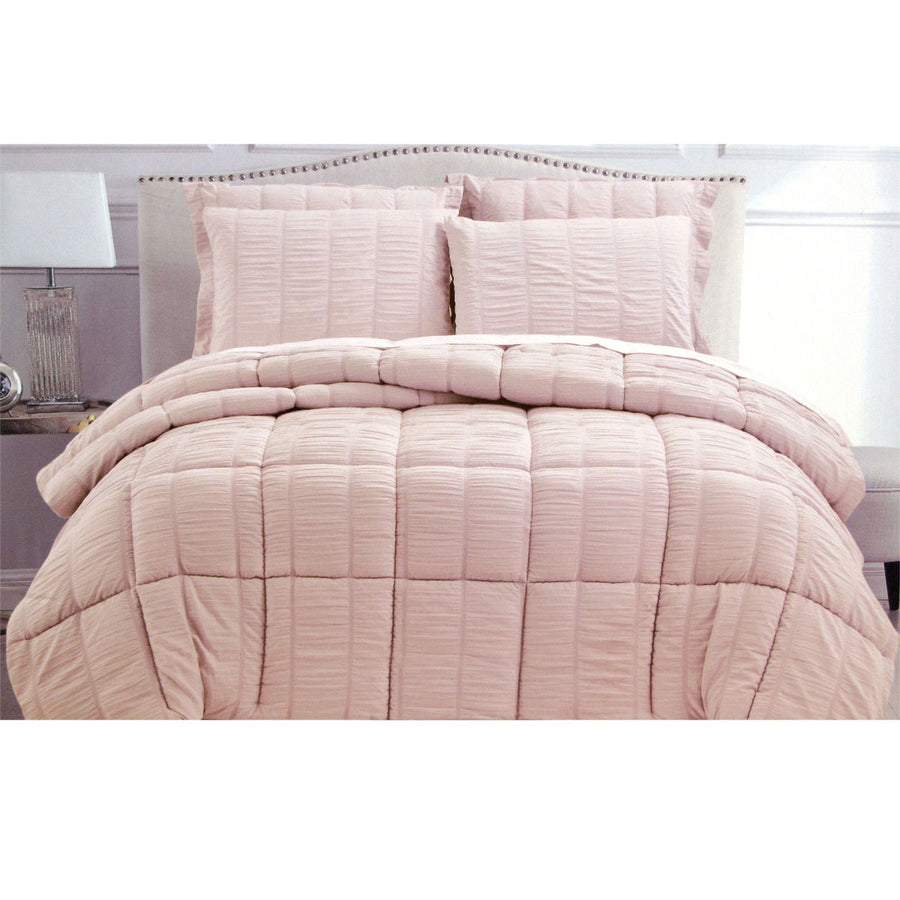 Hotel Living 3 Piece Seersucker Comforter Set King Light Pink, Quilted Design - SuperSaverAU - view 1