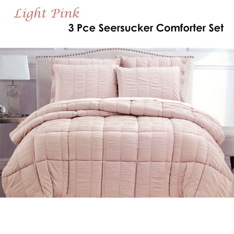 Hotel Living 3 Piece Seersucker Comforter Set Light Pink Queen - Quilted Design - SuperSaverAU - view 1