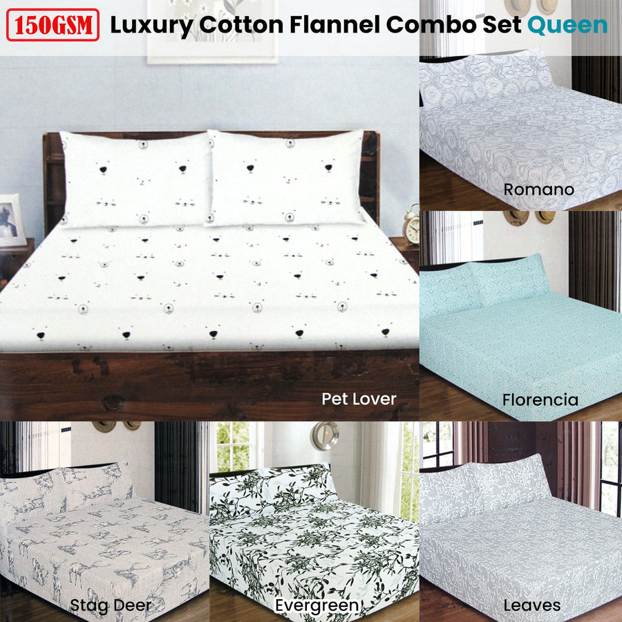 ICF Store 150GSM Luxury Printed Cotton Flannel Fitted Sheet Set Queen - Florencia - SuperSaverAU - view 1