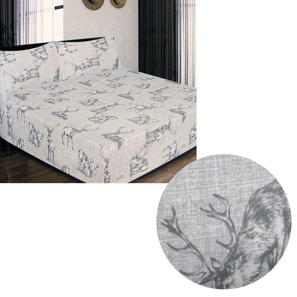 ICF Store 150GSM Luxury Printed Cotton Flannel Fitted Sheet Set Queen - Stag Deer - SuperSaverAU - view 1