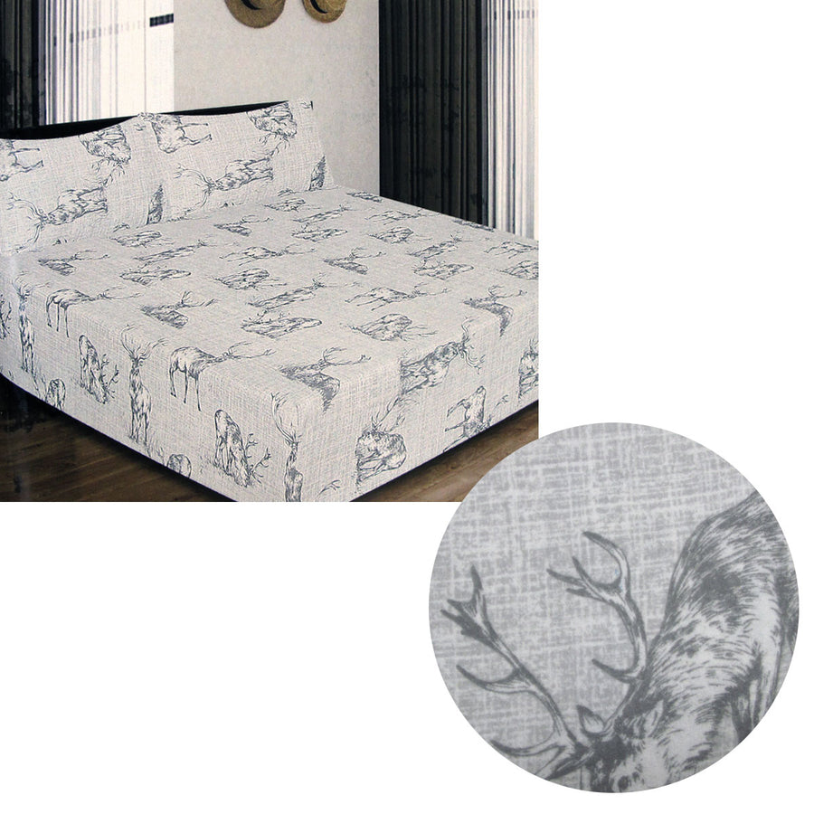 ICF Store 150GSM Luxury Printed Cotton Flannel Fitted Sheet Set Queen - Stag Deer - SuperSaverAU - view 1