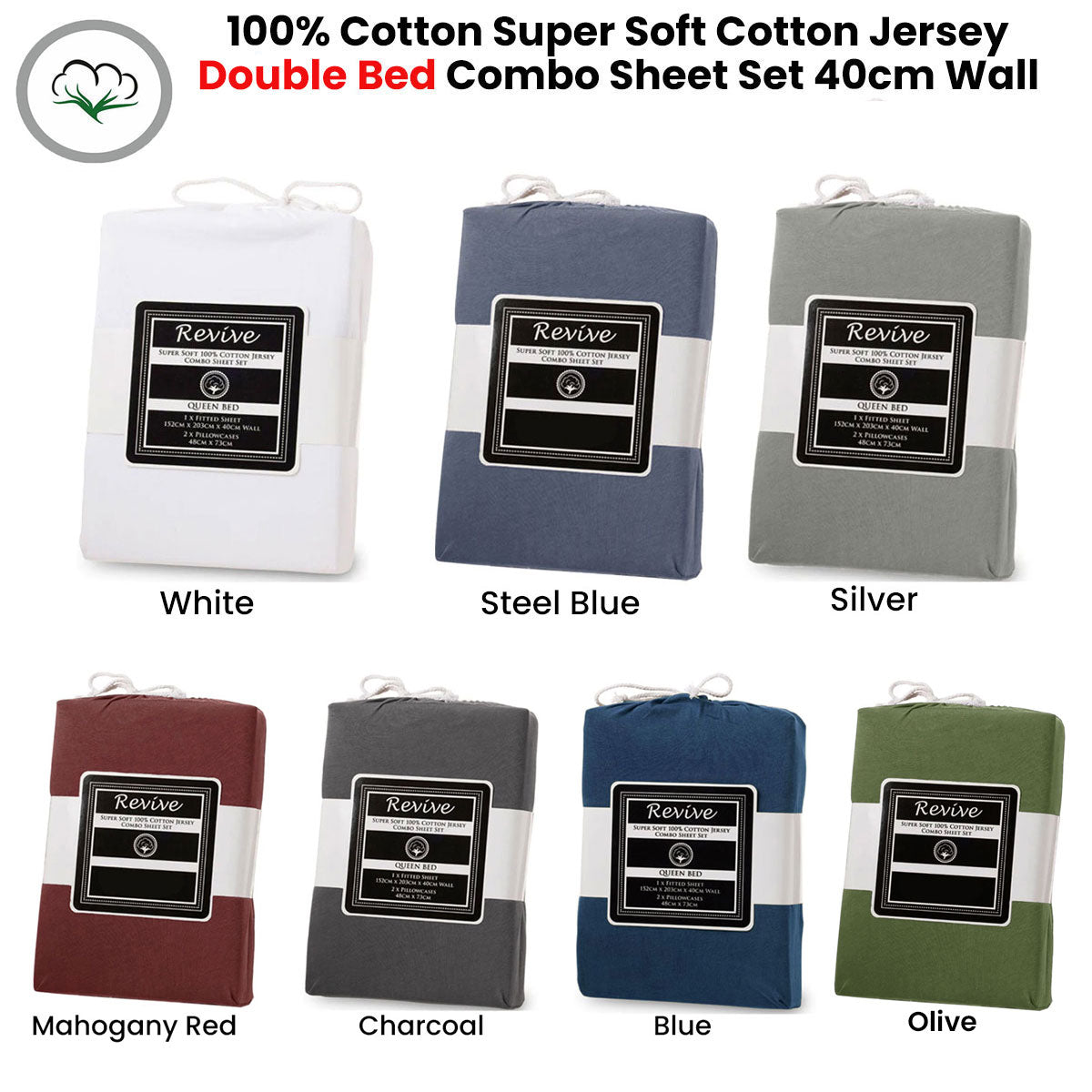 Revive Blue 100% Cotton Jersey Super Soft Fitted Sheet Combo Set Double 38cm - SuperSaverAU - view 1