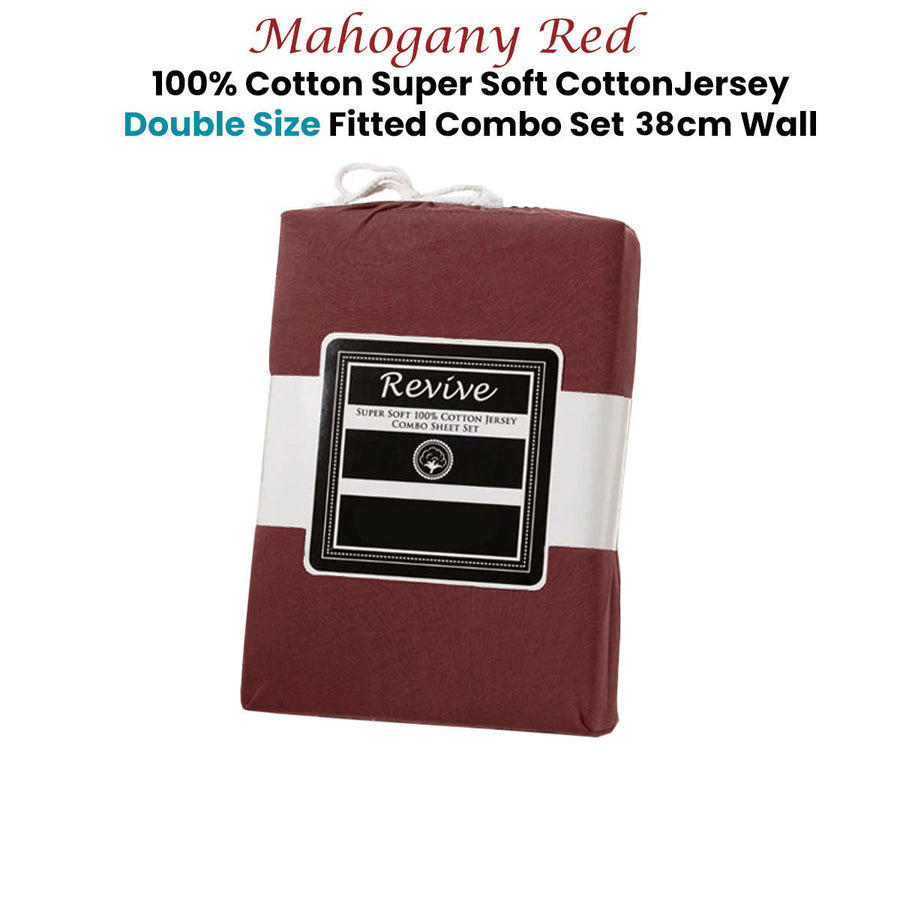 Revive Mahogany Red 100% Cotton Jersey Fitted Sheet Combo Set Double 38cm - SuperSaverAU - view 1