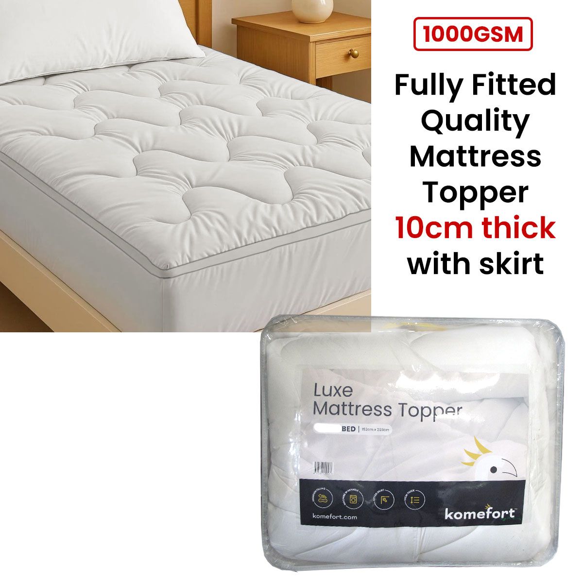 1000GSM Luxe Fully Fitted Mattress Topper 10cm thick with Fitted Skirt Queen - SuperSaverAU - view 2
