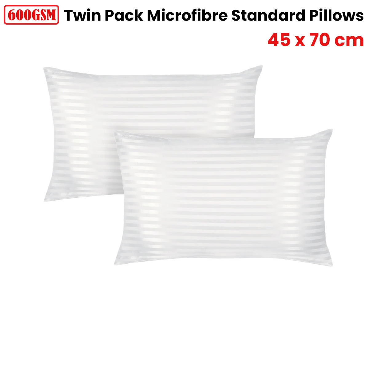 600GSM Twin Pack Microfibre Standard Pillows 45 x 70 cm - Soft Striped Design - SuperSaverAU - view 2