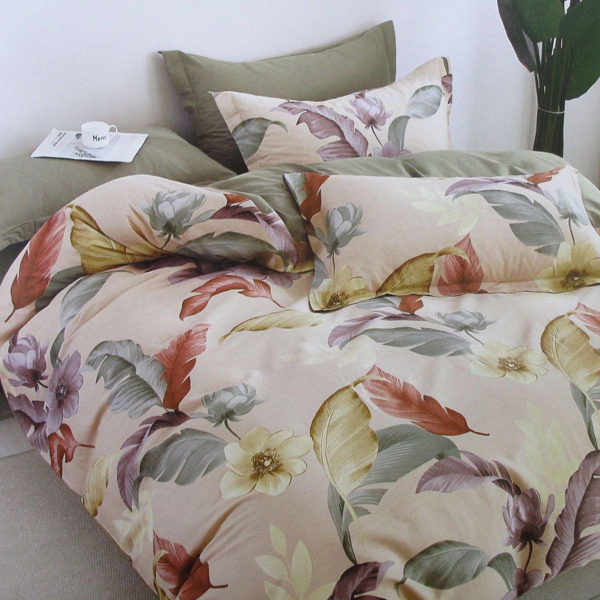 300TC Bahamas Taupe Reversible Cotton Quilt Cover Set King - Floral Design - SuperSaverAU - view 1