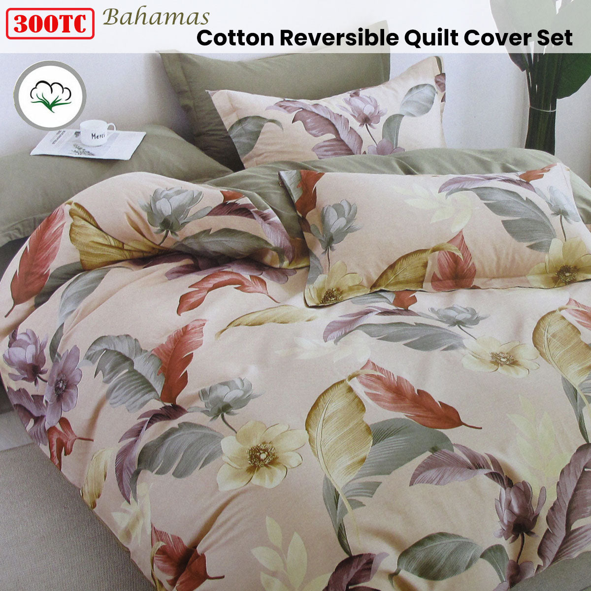 300TC Bahamas Taupe Reversible Cotton Quilt Cover Set Queen - Floral Design - SuperSaverAU - view 1