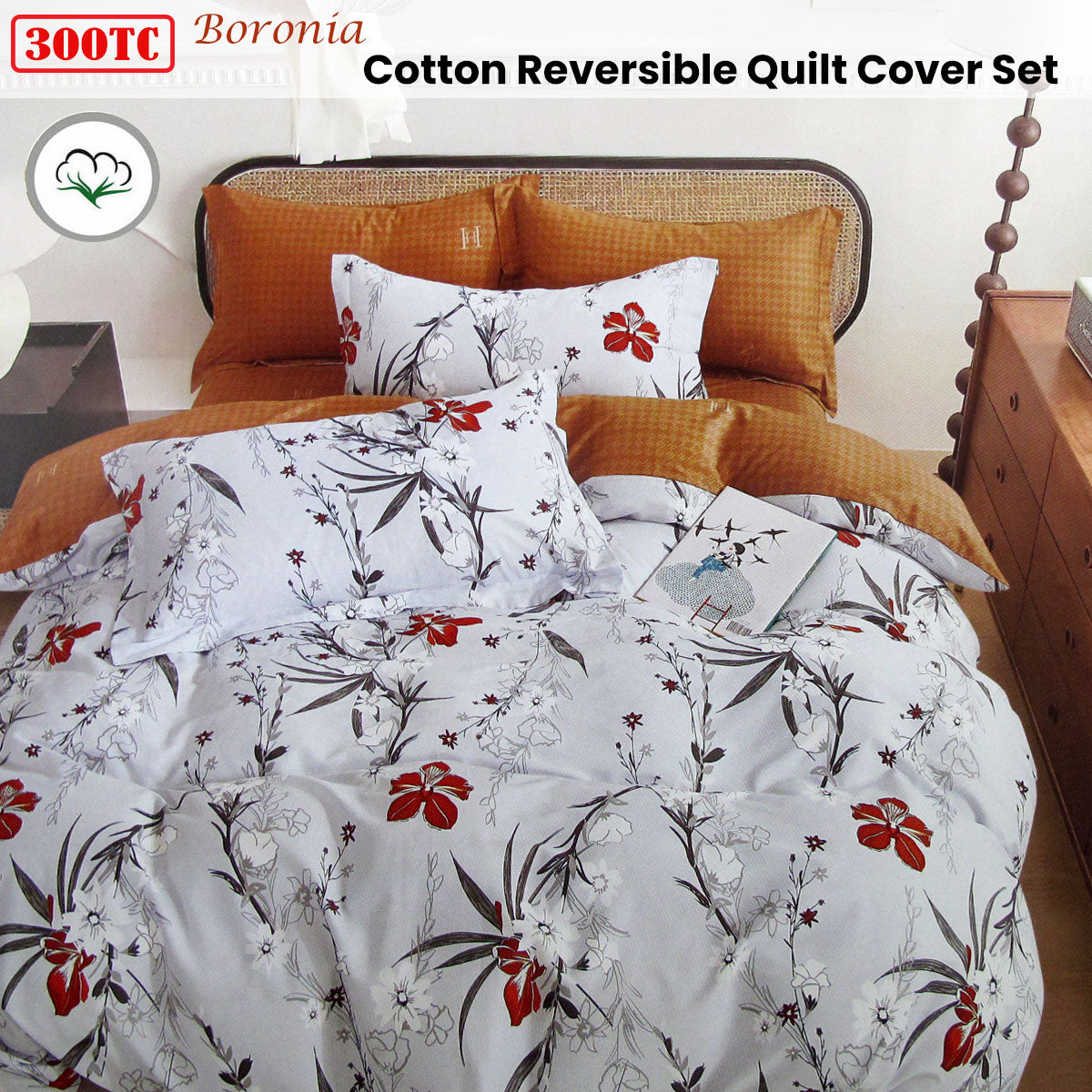 300TC Boronia Silver Reversible Cotton Quilt Cover Set Queen - Floral Design - SuperSaverAU - view 2