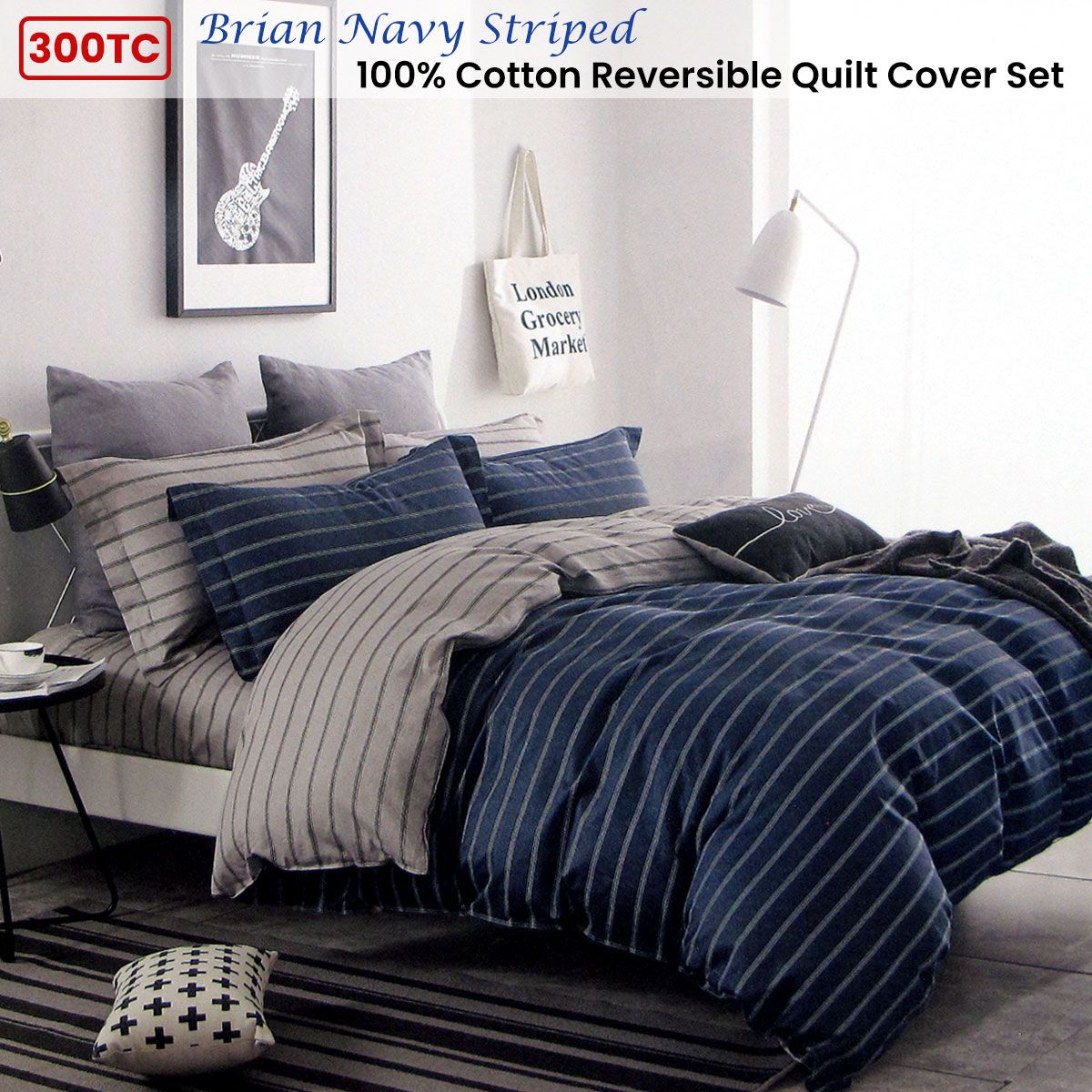300TC Brian Navy Striped Reversible Cotton Quilt Cover Set Queen - SuperSaverAU - view 2