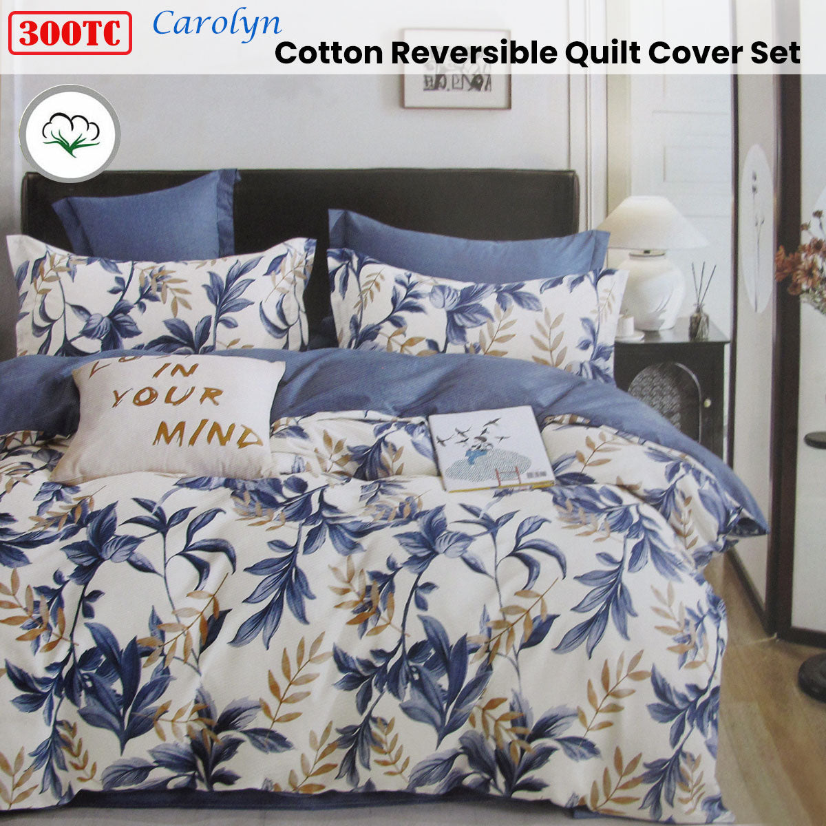 300TC Carolyn Blue Reversible Cotton Quilt Cover Set Queen - Foliage Design - SuperSaverAU - view 1