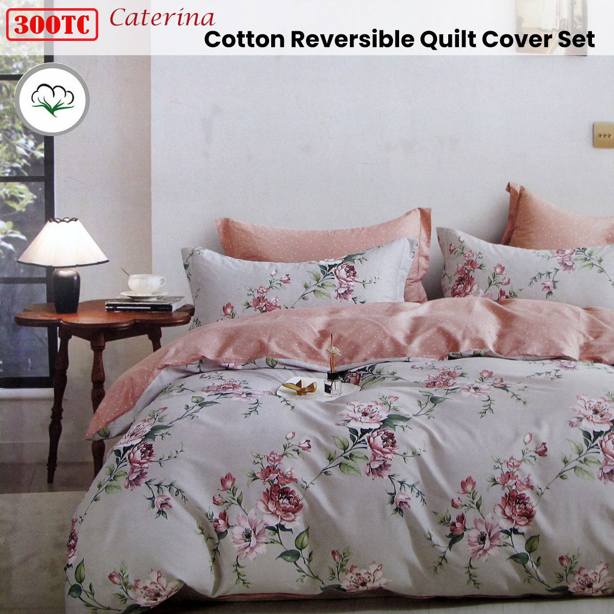 Caterina Reversible Cotton Quilt Cover Set King - 300TC Floral Design - SuperSaverAU - view 2